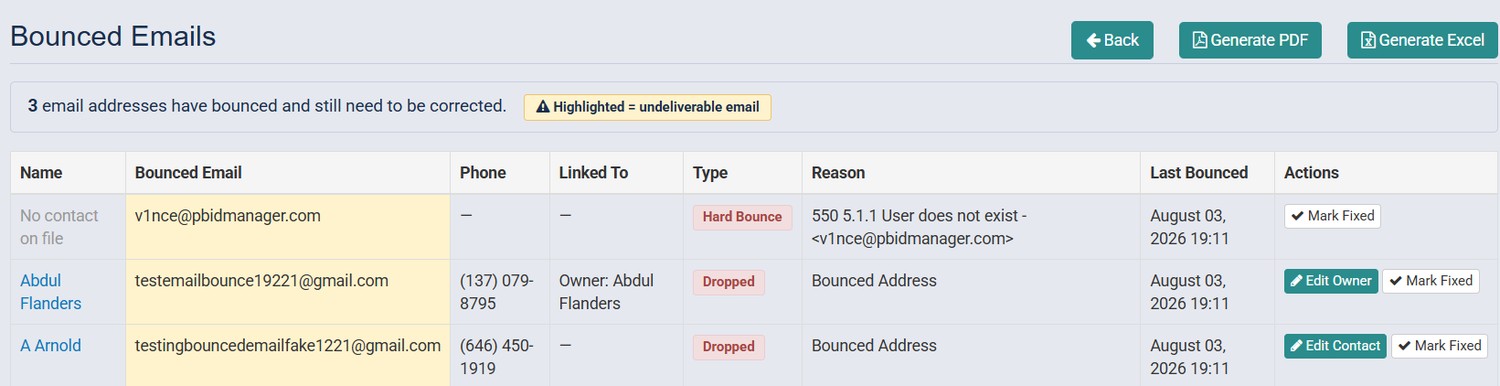 PBID Manager bounced email cleanup tool showing bounce reason, linked record, and correction actions.