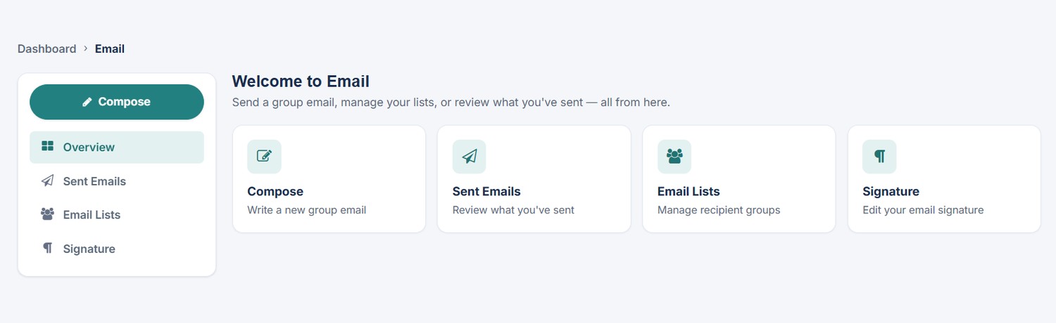 Redesigned PBID Manager Email area with Compose, Sent Emails, Email Lists, and Signature.