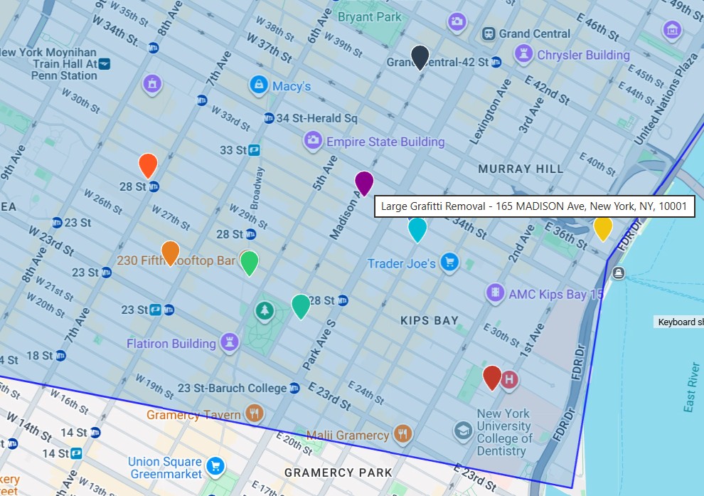 Color-coded incident and activity pinpoints mapped inside a district boundary.