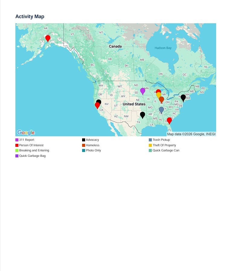 PBID Manager PDF report page with activity map.