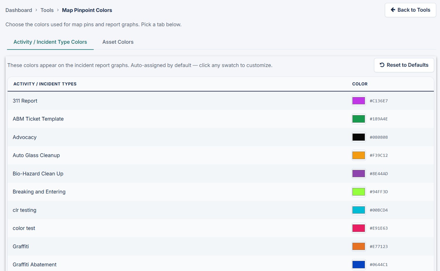 PBID Manager tool for customizing incident and activity type colors.
