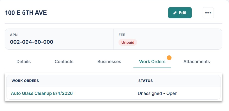 A property record in PBID Manager displaying its associated work order and status.